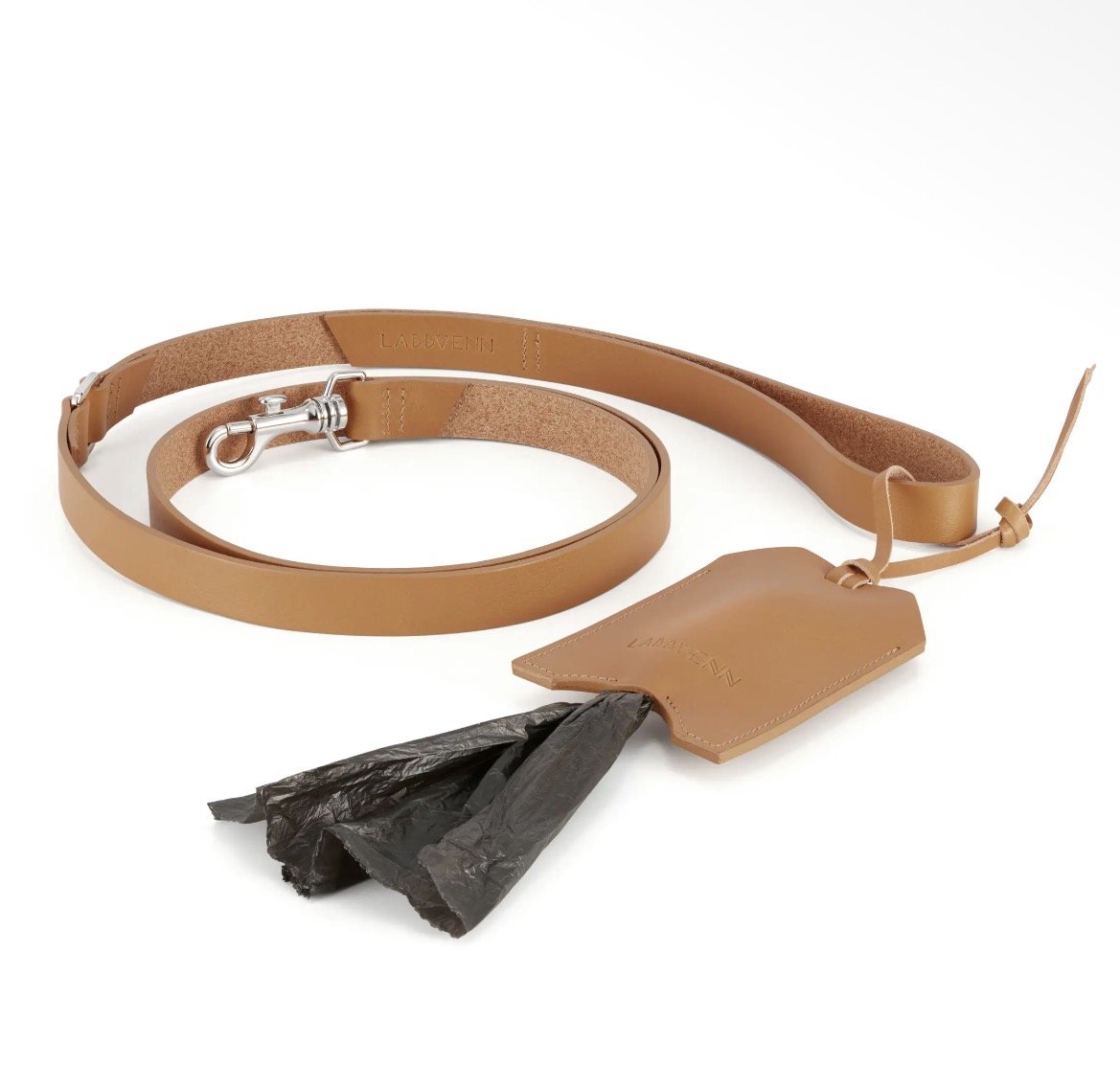 Laisse Lussa et porte-sacs Saku en cuir camel