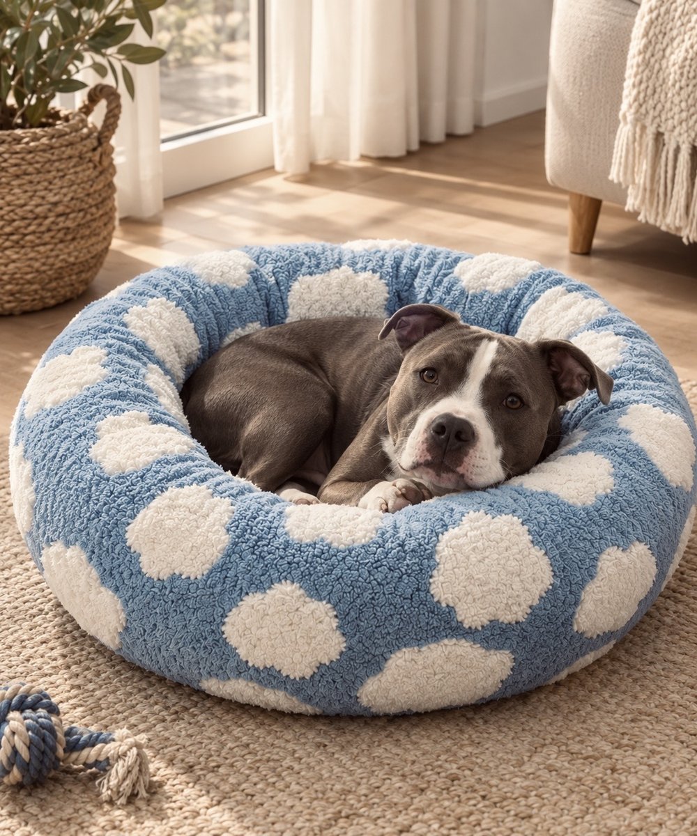 Chien couché dans le panier Bouclette bleu à motifs nuages