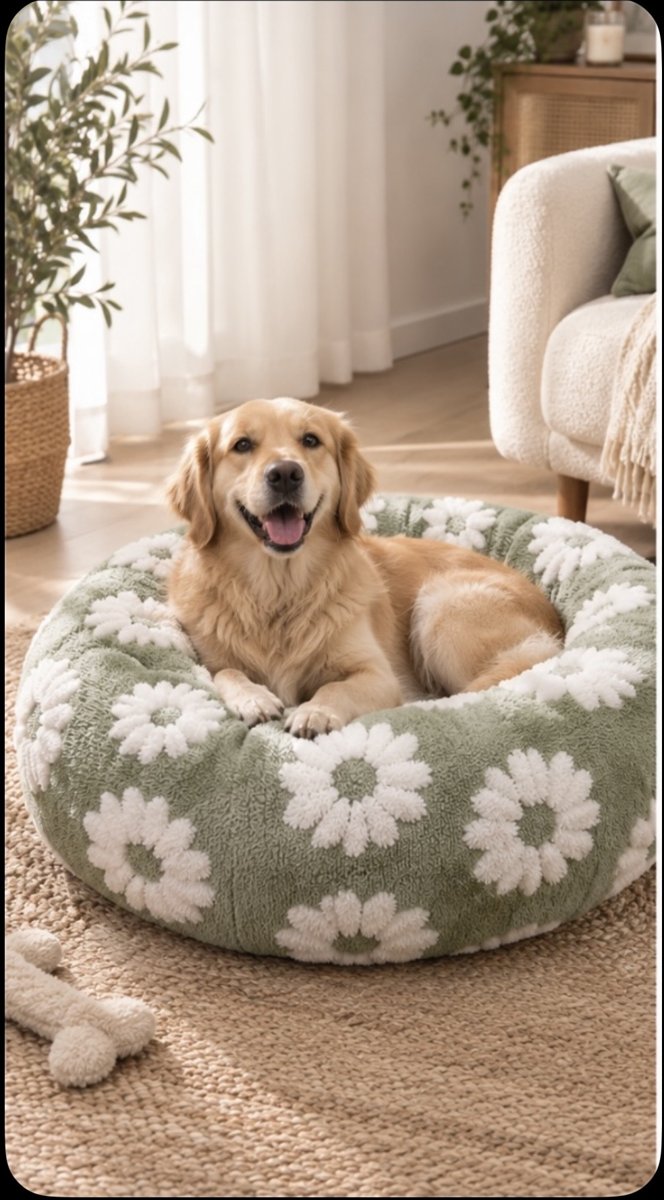 Chien couché dans le panier Bouclette, coloris vert sauge