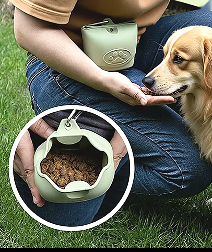 Pochette à friandises Bibizy utilisée en balade avec un chien